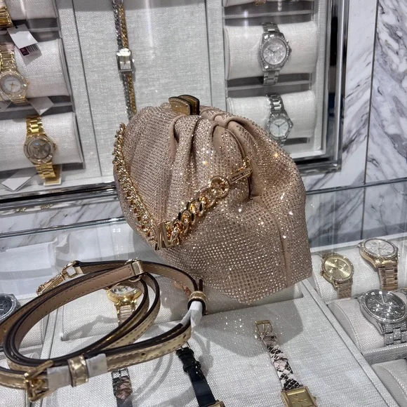 NWT MICHAEL MICHAEL KORS Nola Small Crystal Clutch Chain Crossbody pale gold - Picture 8 of 10